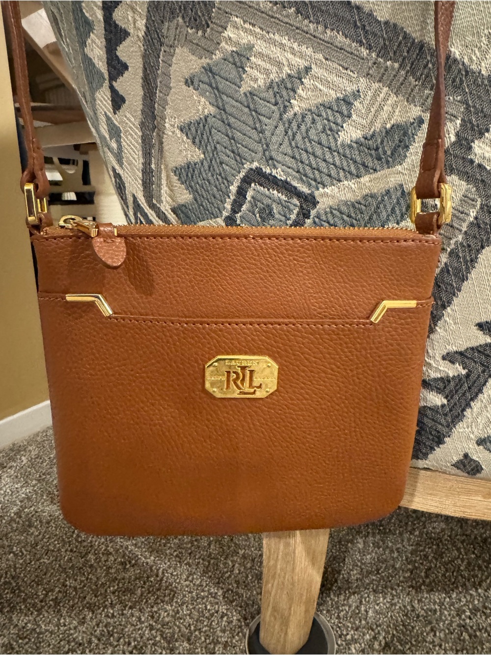 RALPH LAUREN Tan Faux Leather Crossbody Adjustable Strap Bag with Gold Hardware